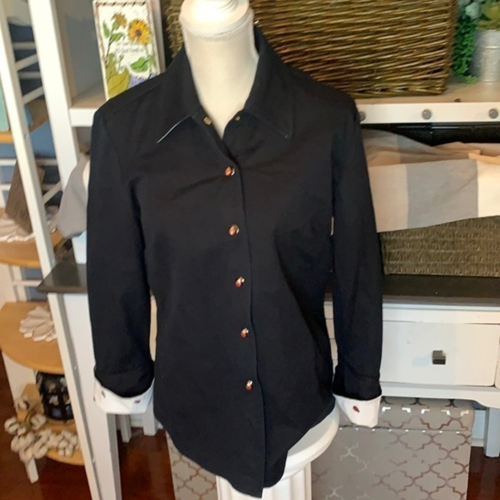 St. John Black Button Down w/Ladybug Snap Buttons & Ladybug Collar Sz Small, EUC